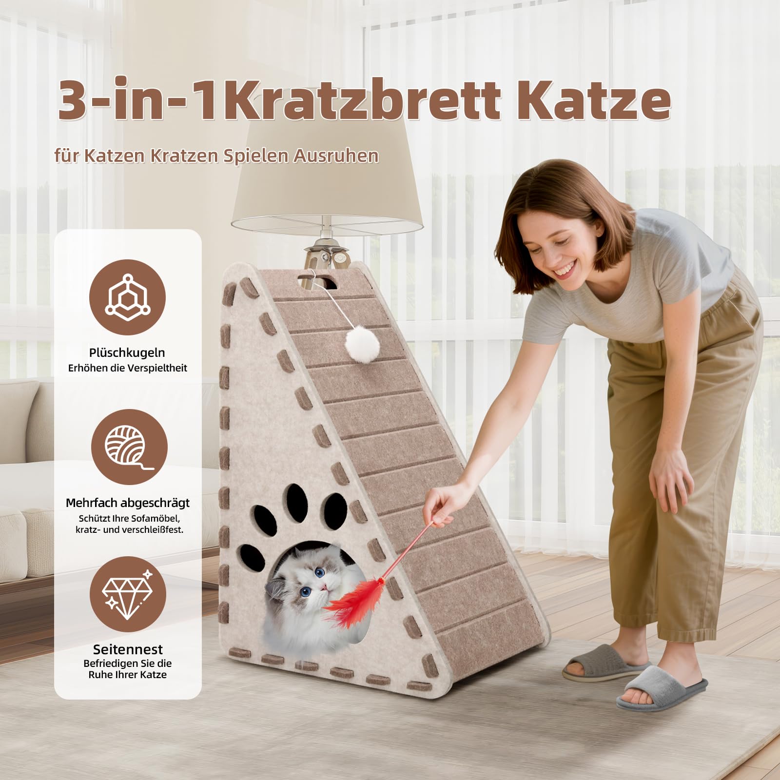 3 en 1 Rascador para gatos, rascar, jugar a descansar, fieltro triángulo casa de gato, fácil de limpiar (beige)