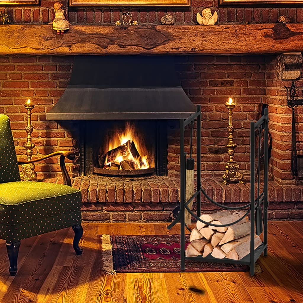 Chimenea de Hierro Forjado para Interiores y Exteriores, Soporte para leña, Pintura Negra, Cuadrado de 33 Pulgadas de Alto con 4 Herramientas