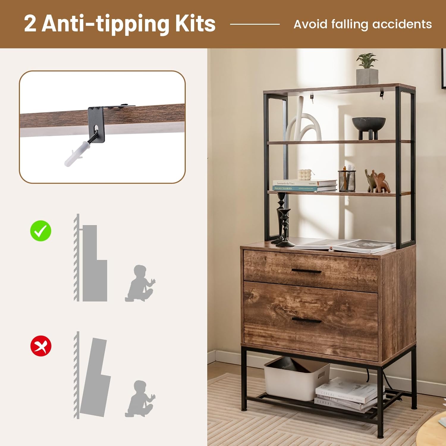 Giantex Tall 2-Drawer File Cabinet - Filing Cabinet w/Charging Station, 3-Tier Storage Shelves, Large Drawer, Hanging File Folders, Fits Letter A4 Legal Size, Printer Stand for Home Office (Brown)