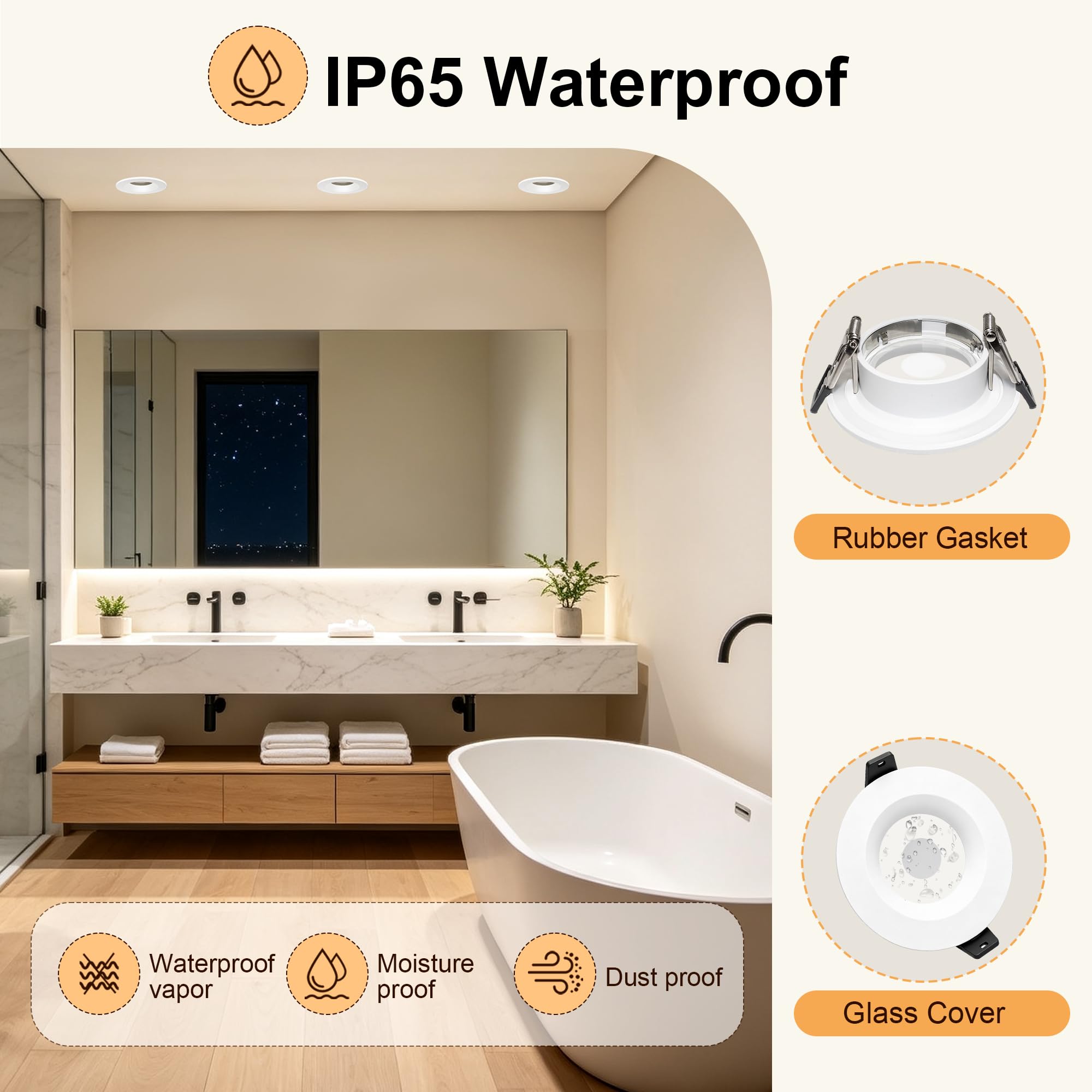 6 x Marcos Foco Empotrable GU10, IP65 Impermeable Aluminio Marco Ojos de Buey LED para Techo Incl. Portalámparas GU10, Blanco Redondo Antideslumbrante Marco Focos Ø65-75mm para Baño