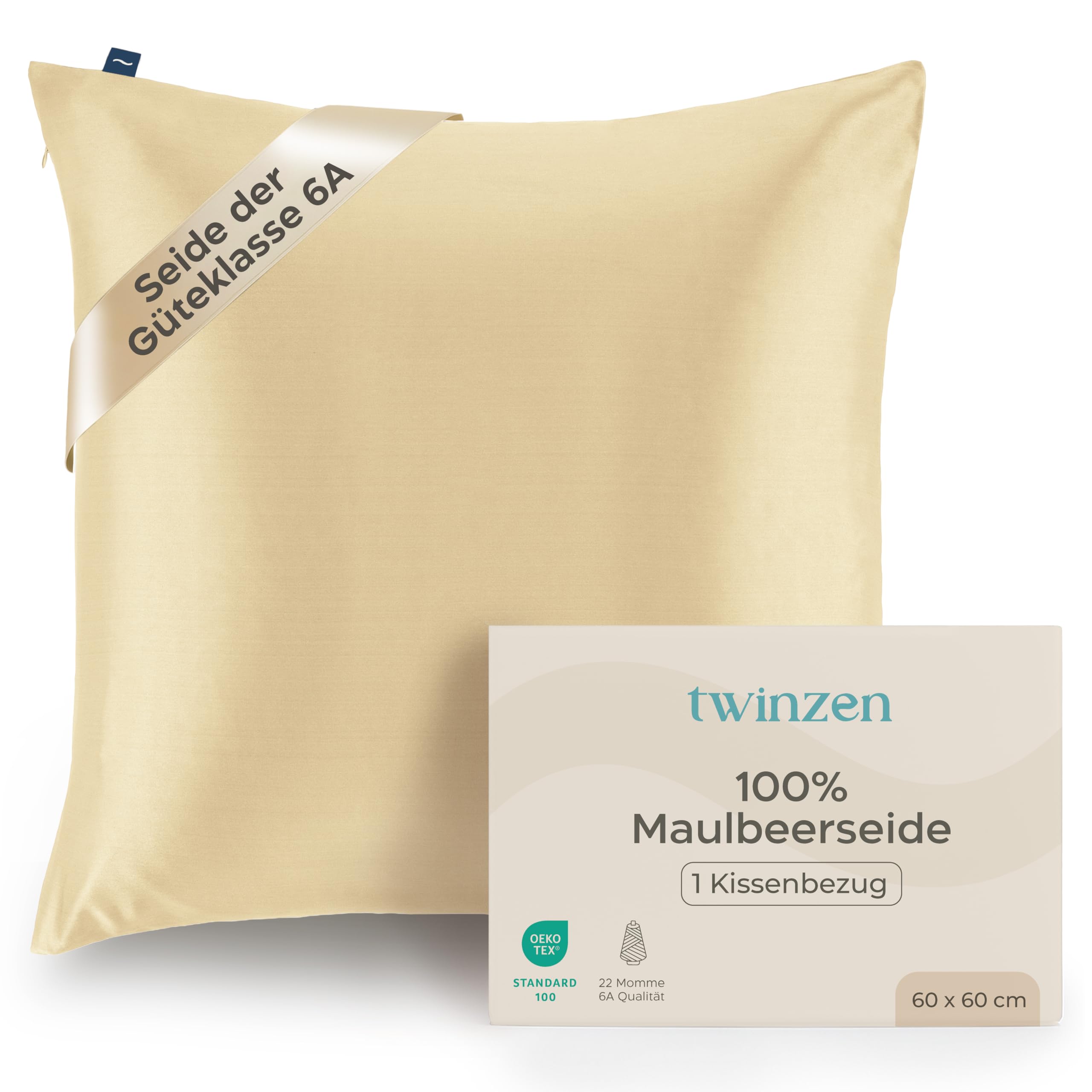 Twinzen Seidenkissenbezug 100% Silk Pillowcase 22 Momme Güteklasse 6A - Oeko-Tex Zert. für Haar und Haut