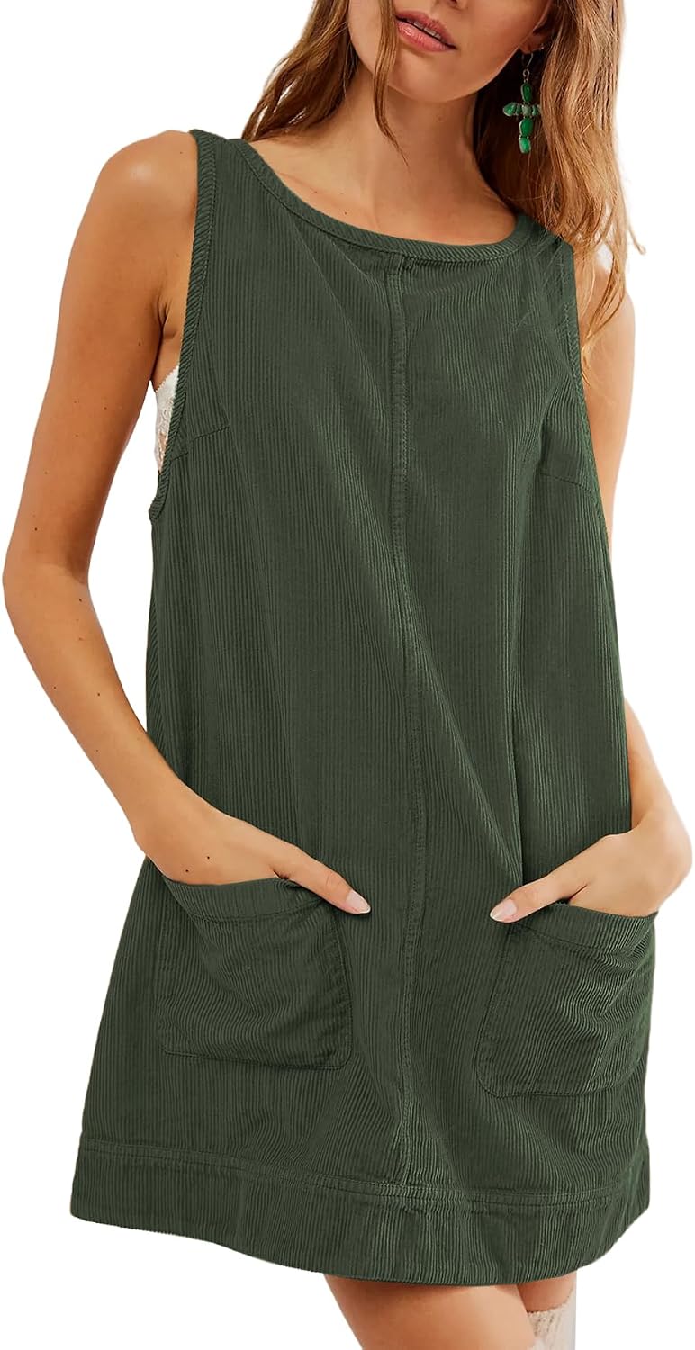 Kedera Women's Corduroy Overall Dress Scoop Neck A Line Pinafore Mini Dress Skirtall Jumper Dress with Pockets