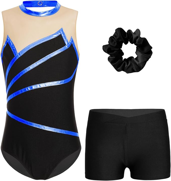 Oyolan Justaucorps + Short Fille Gymnastique Danse Patinage - Ensemble Manches Courtes Col Montant 3-16 Ans - Tenue Entraînement & Spectacle