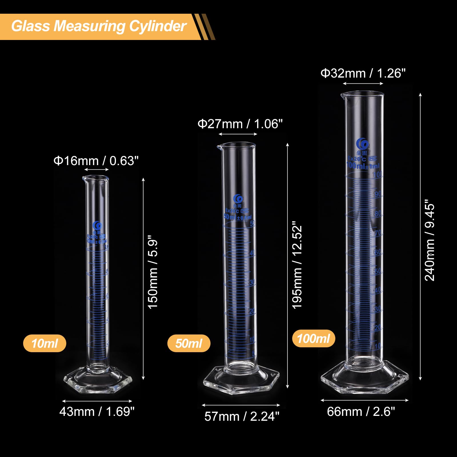 PATIKIL 10/25/50ml Graduated Cylinder, 3.3 Borosilicate Glass Measuring Cylinder Hex Base for Lab Experiment, Clear