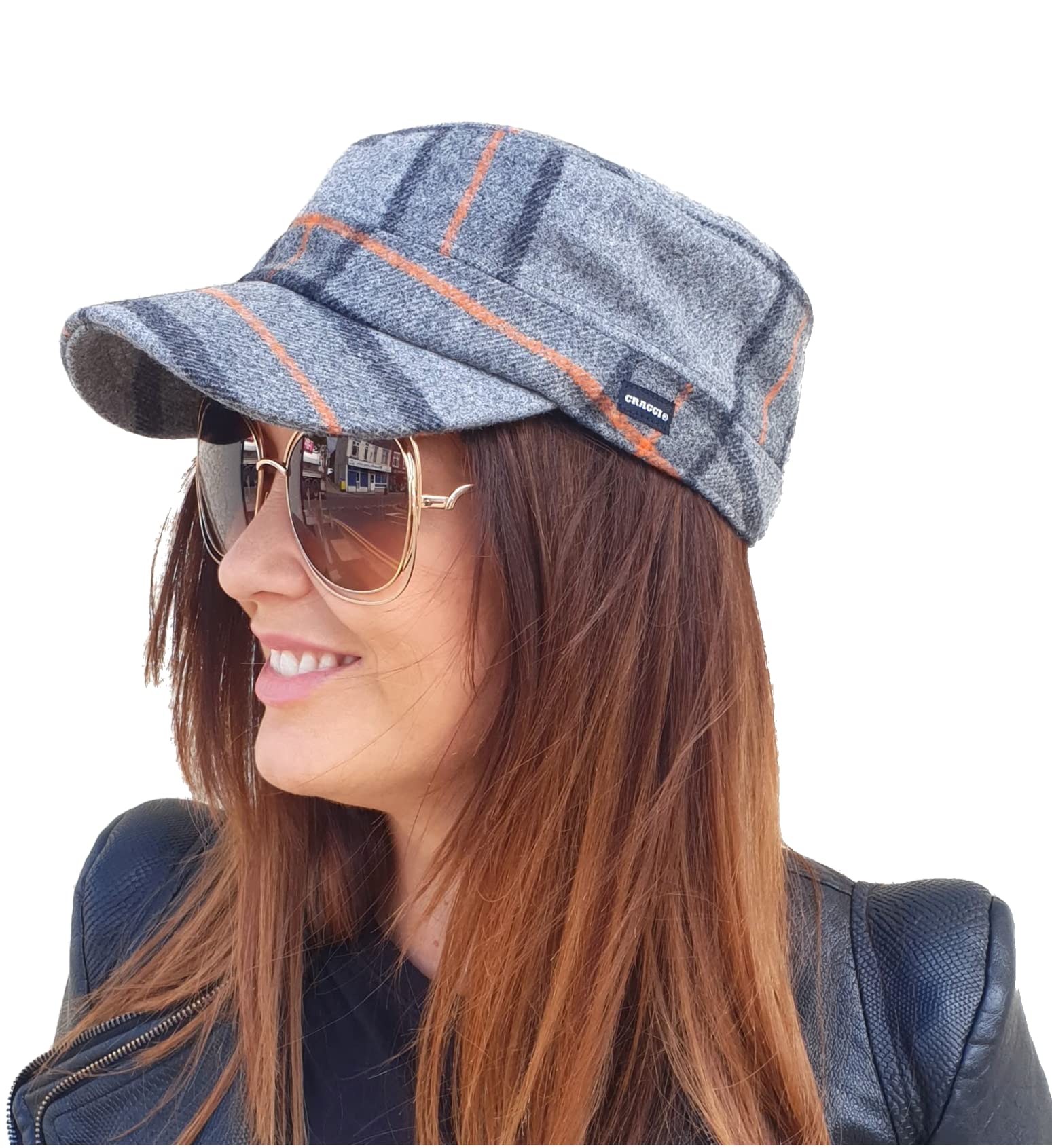 Tweed Military Cap Newsboy Craggi Checkered Head Hat Womens Mens Vintage Grey