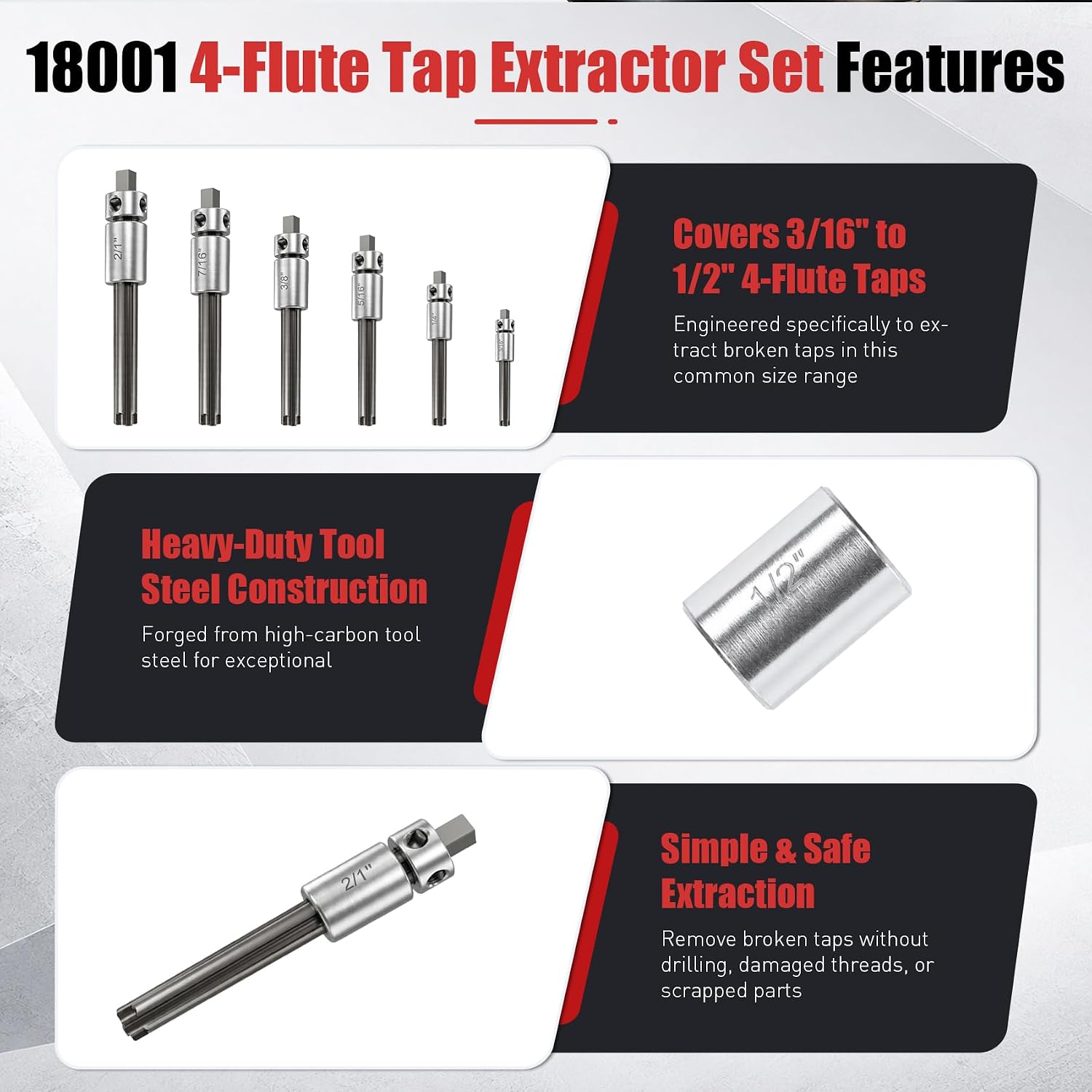 18001 Tap Extractor Set, 6-Piece 4 Flute Broken Tap Extractor Removal Tool 3/16" to 1/2", Heavy-Duty Hardened Steel Kit with Spare Claws & Storage Case