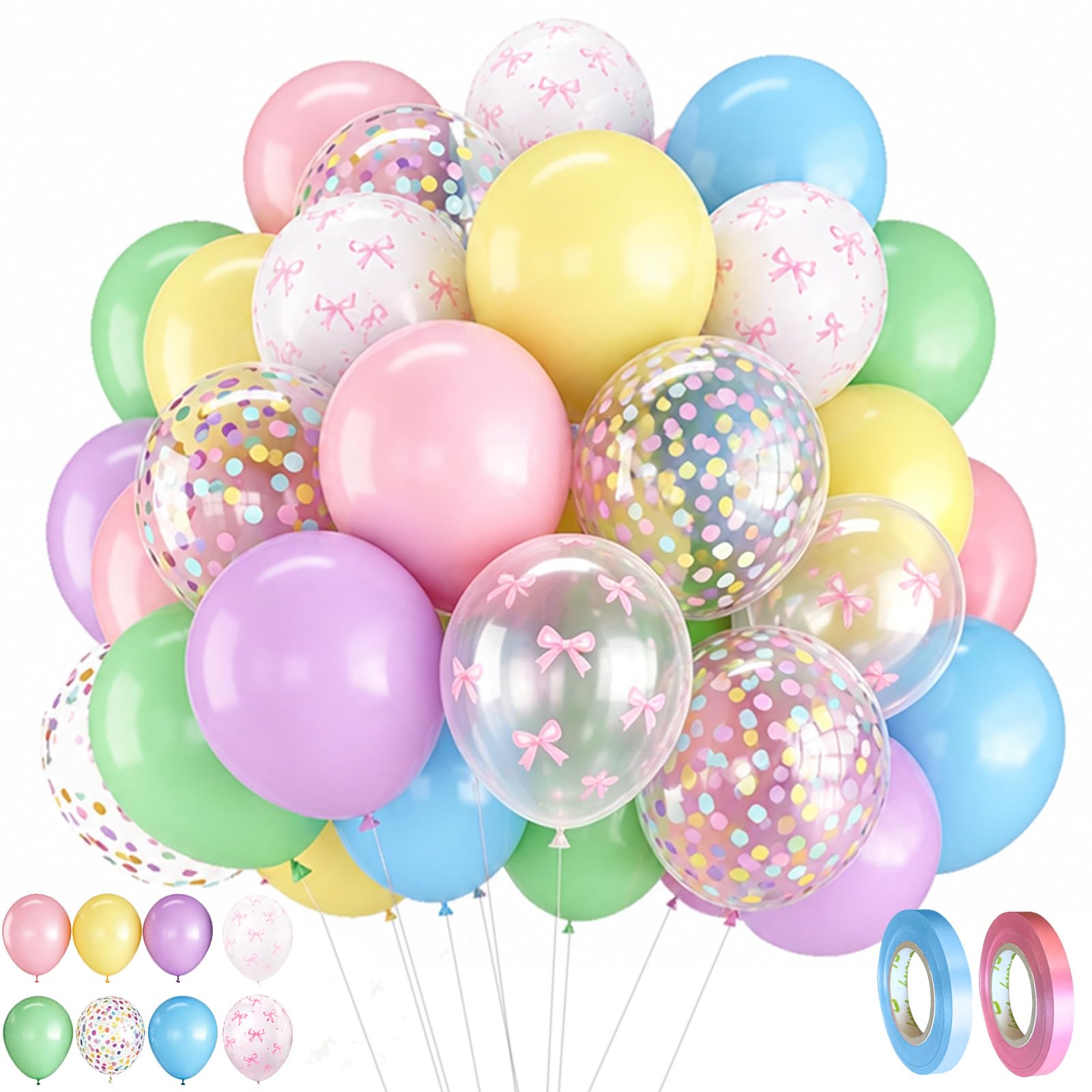 60 Macaron Butterfly Balloons with Two Ribbon Rolls, Pastel Balloons, Pink Balloons for Birthday Parties, Confetti Balloons for Decorative Events, For Princess Queen Women Bridal Shower