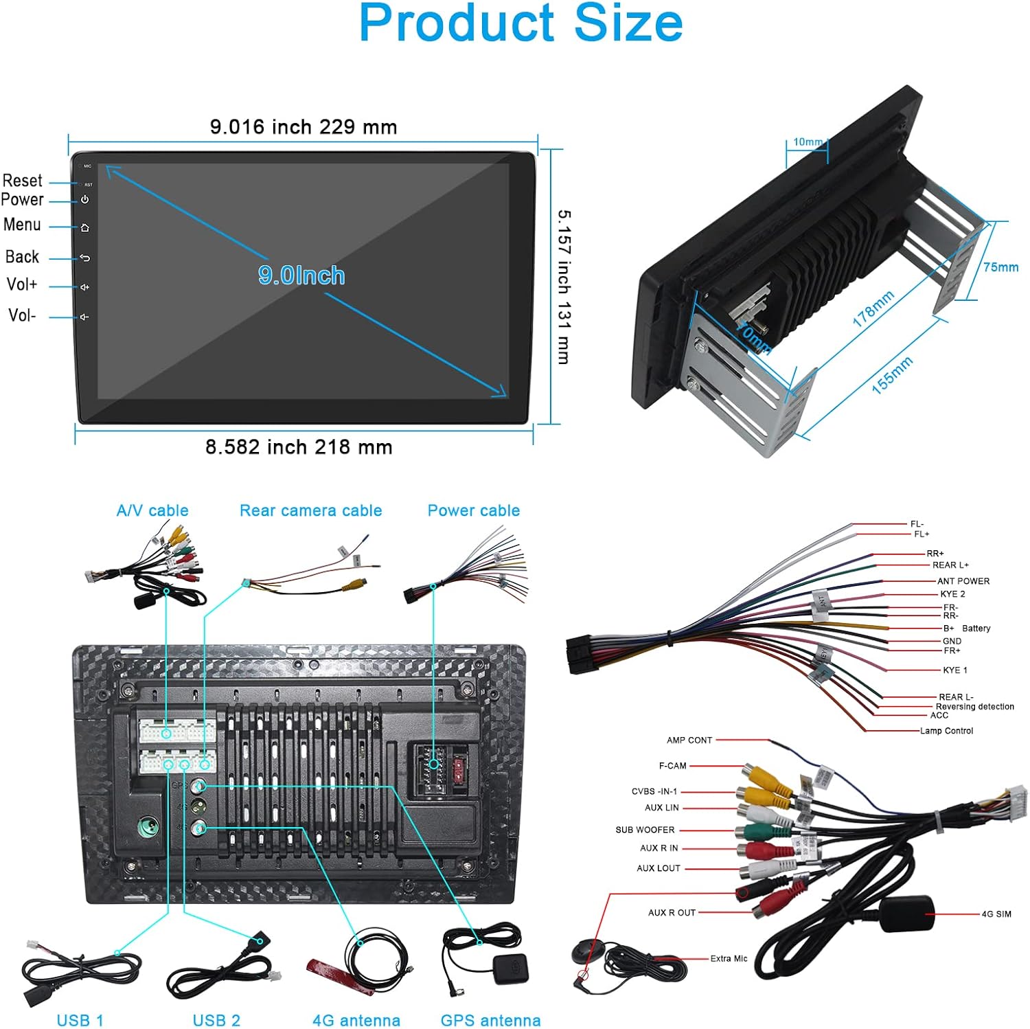 CUSP 9-inch Android Car Stereo displaying rear view camera feed and WiFi hotspot options