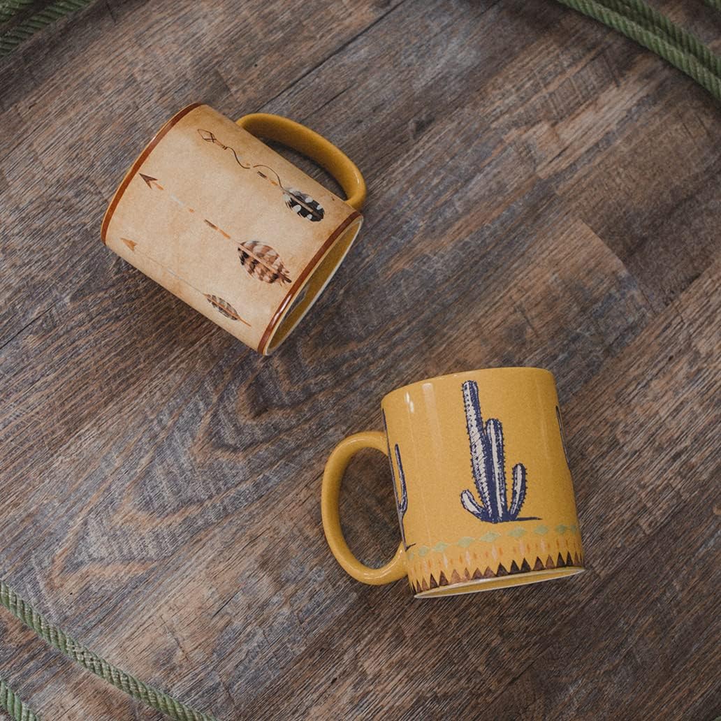 Paseo Road Saguaro Cactus Coffee Mug Set of 4, Cactus Print Yellow Ceramic Mugs for Tea Cocoa Hot Chocolate, Cups with Handle for Hot or Cold Drinks, Southwestern Rustic Design