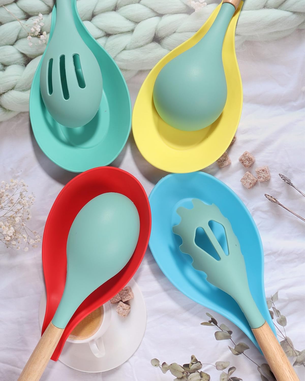 6 Pack Silicone Spoon Rest for Stove Top, Heat Resistant Kitchen Spoon Holder for Counter, Multi-Color (Multi-6), view 7
