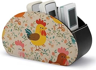 Remote Control Holder Organizer, 5-Compartment PU Leather Makeup Brush Holder, Cute Rooster And Chick Storage Box for TV, DVD, AC Remotes & Office Supplies