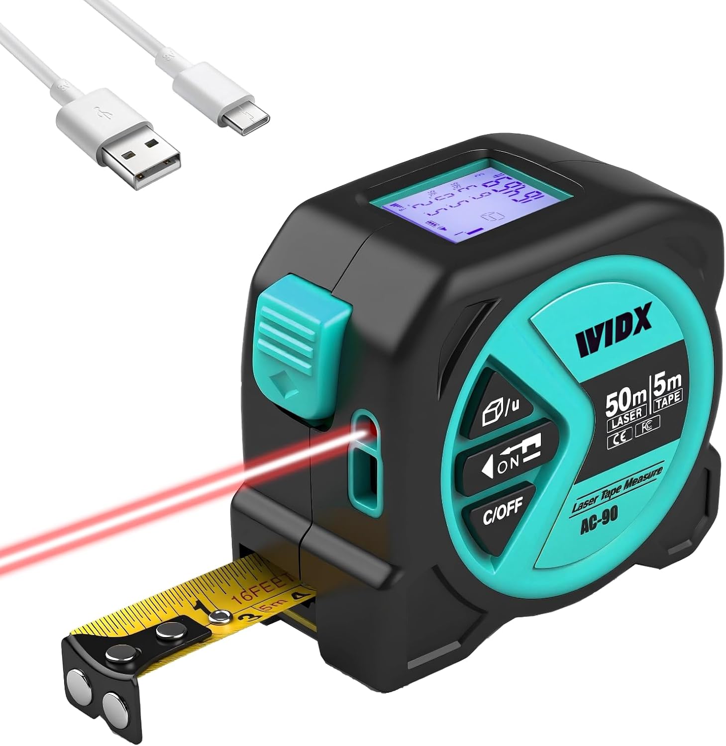 WIDX 2 in1 Laser Tape Measure,164ft Laser Distance Measurement & 16ft Auto-Lock Tape Measure with Magnetic Hook, LCD Display, in/Ft/M Unit, Linear/Area/Volume/Pythagorean for Different Scenarios