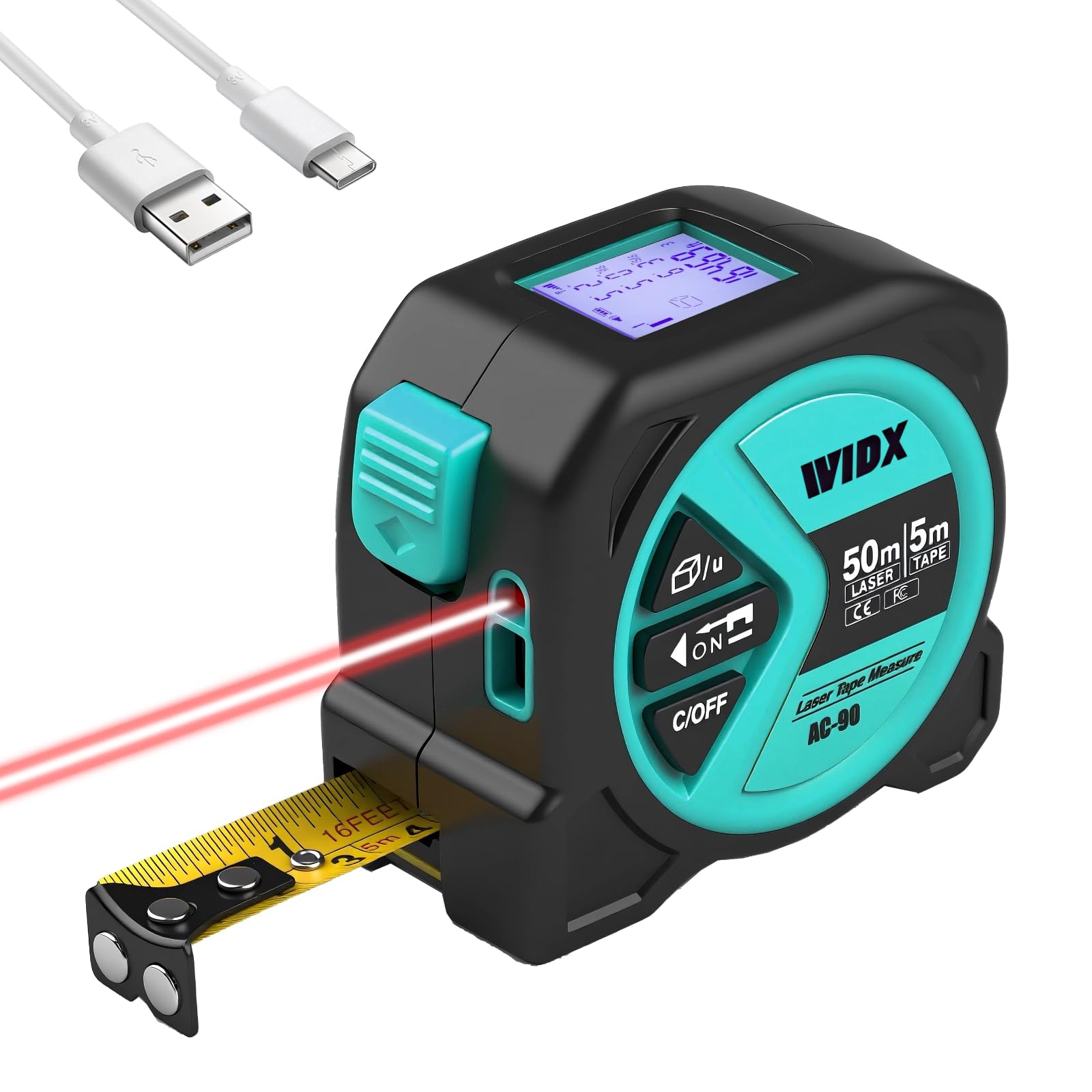 Cinta métrica láser 2 en 1, medición de distancia láser de 164 pies y cinta métrica de bloqueo automático de 16 pies con gancho magnético, pantalla LCD, unidad de pulgadas/pies/m, lineal/área/volumen