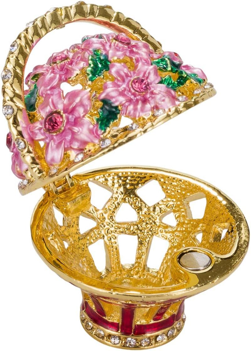 danila-souvenirs Faberge Style Egg Music Box Trinket Jewel Box with Basket of Flowers 6.8'' (17 cm) pink