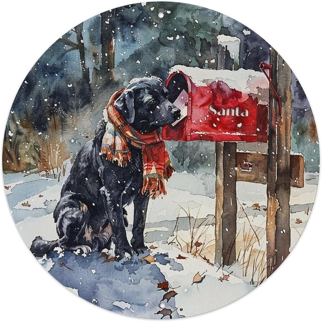 Black Dog Winter Mailbox Scene Metal Tin Sign Plaque