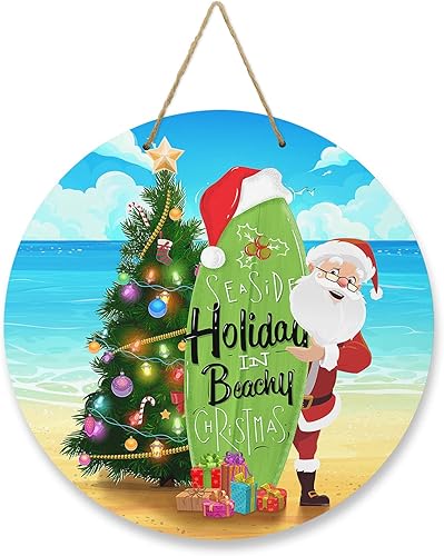Miniatura 1 de Letrero de bienvenida para decoración de puerta delantera, árbol de Navidad, Papá Noel, tabla de surf, coronas de 10 pulgadas, decoración navideña