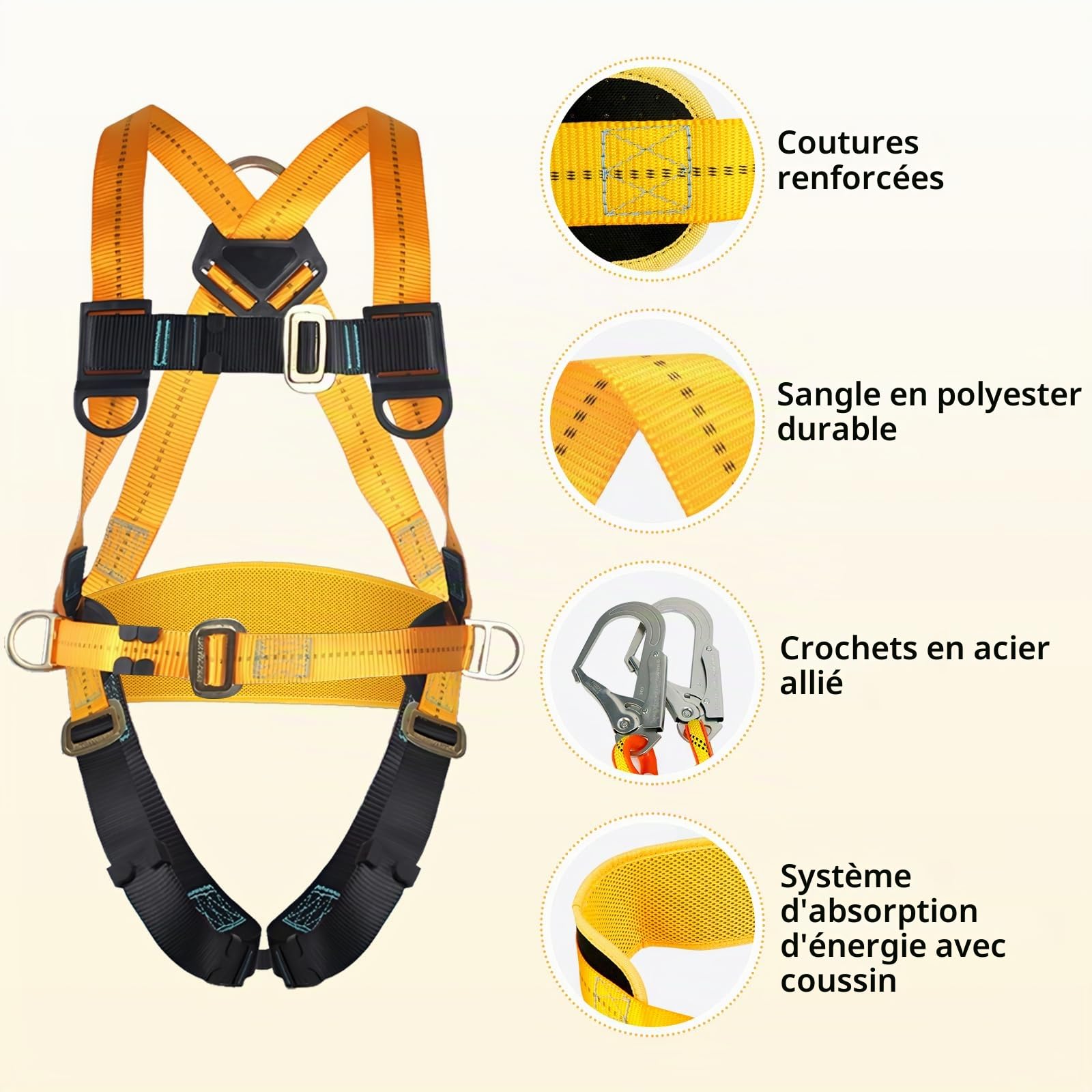 Harnais de sécurité antichute avec double longe et crochets, harnais anti chute intégral réglable pour homme, travaux en hauteur, escalade, toiture, extérieur, charge 100 kg, conforme EN 361/354/355