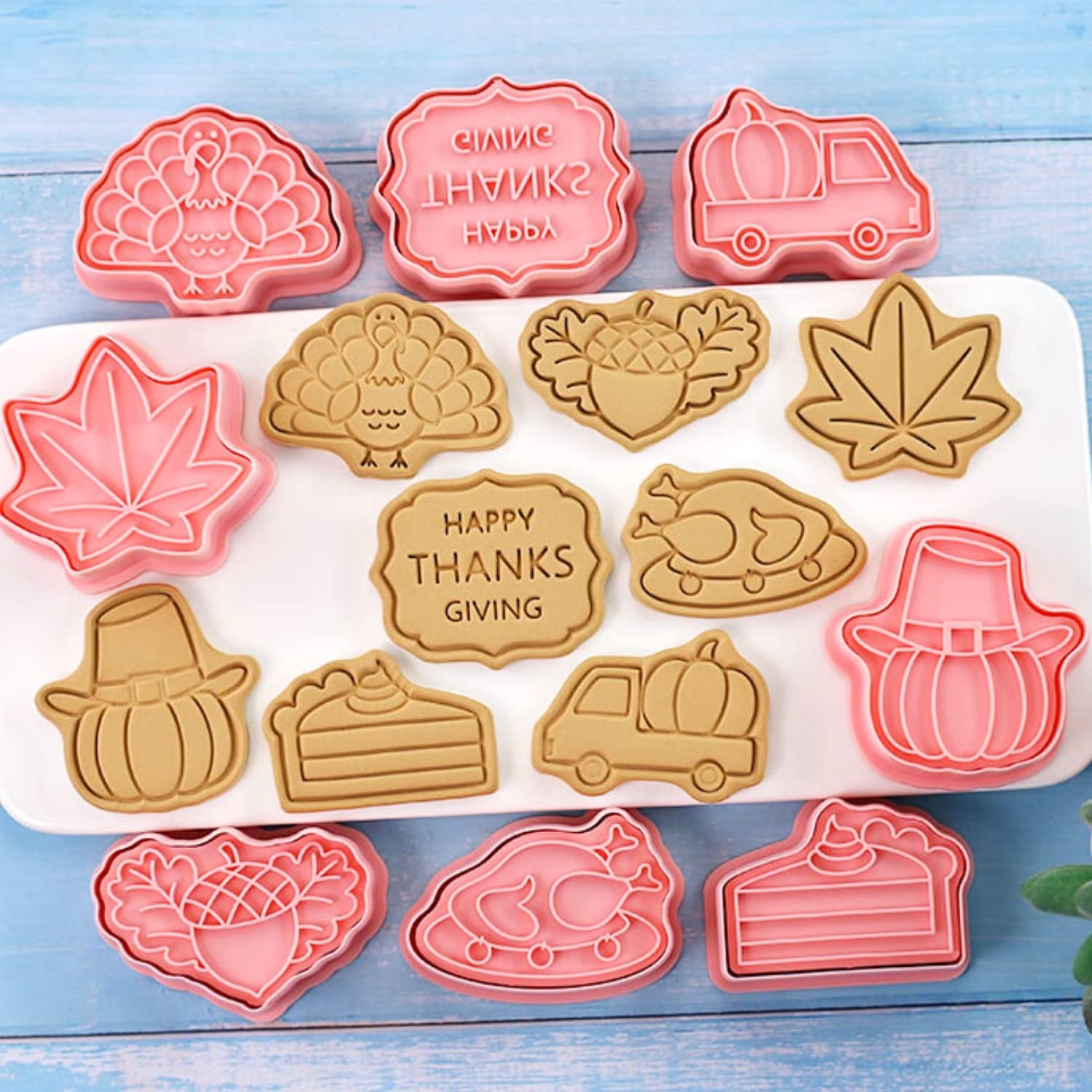 Crethinkaty Thanksgiving-Ausstechformen-Set, 8-teiliges Kunststoff-Keksausstecher, Brathähnchen, Kuchen, Truthahn, Kürbis, Haselnuss, Ahornblatt, Wagen mit Kürbis, Happy Thanksgiving
