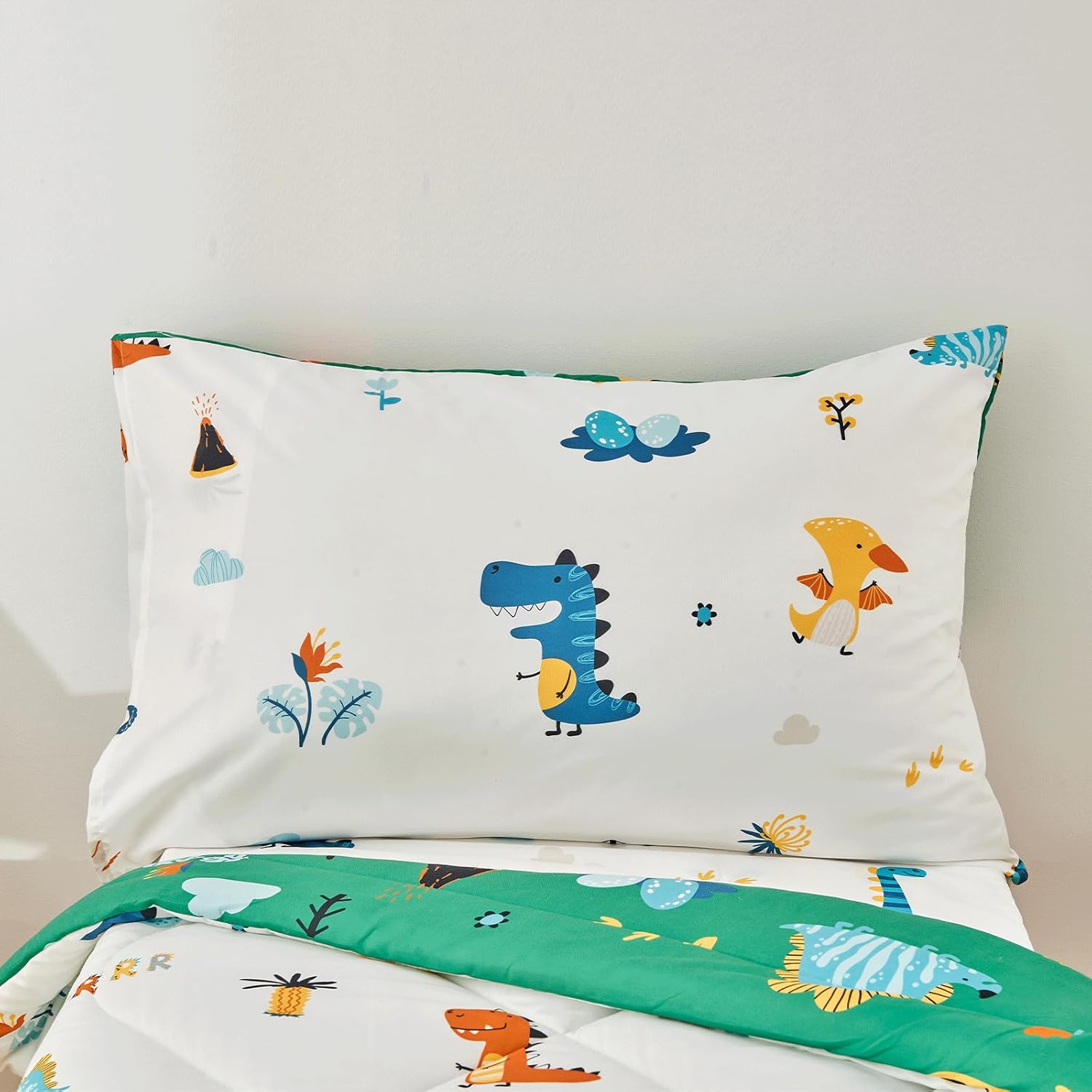 beeweed 4 Pieces Dinosaur Toddler Bedding Set Boys Girls, 2 Sides Design Bed in a Bag Comforter Set, Includes 1 Comforter, 1 Fitted Sheet, 1 Flat Sheet and 1 Reversible Pillowcase