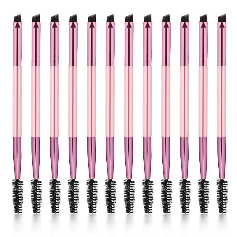 Kit com 12 Pincéis Dupla Face para Sobrancelhas Vin Beauty, Chanfrado e Escovinha, Rosa