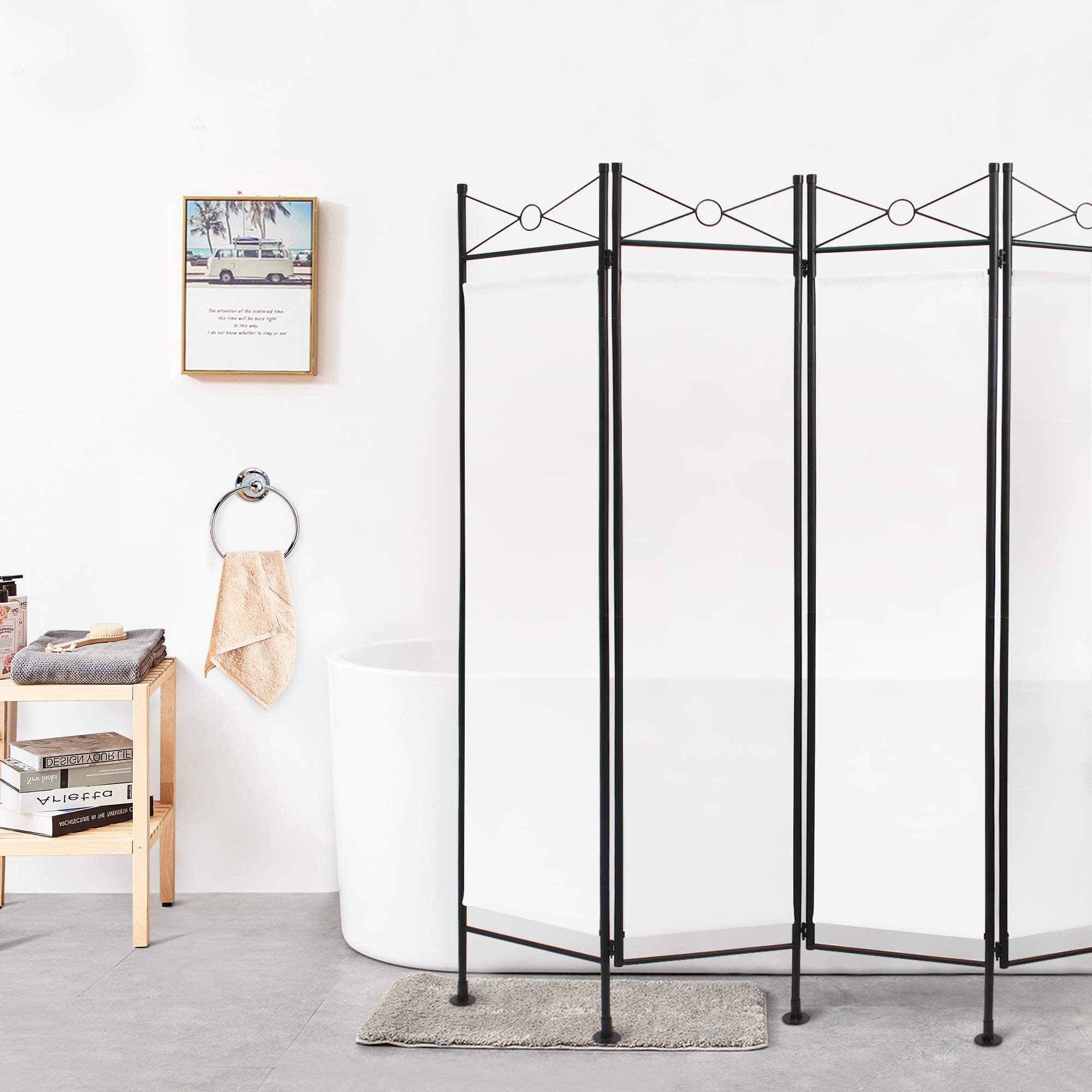 Todeco Paravento Separatore 4 Pannelli 180x160cm Bianco | Divisorio camera pleggevole, pannello 100% poliestere, per soggiorno balcone privacy, struttura leggera decorativa