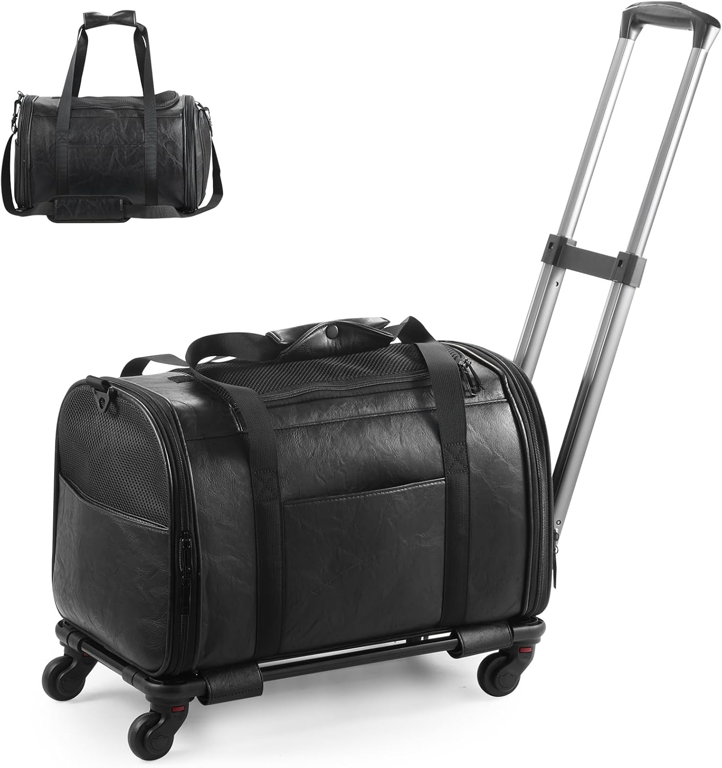 Leather Pet Carrier with Wheels, Airline Approved Travel Bag for Small Dogs & Cats Under 15 lbs, Rolling Pet Carrier for Airplane, Camping & Outdoor Black