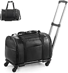 Lasaviin Leather Pet Carrier with Wheels, Airline Approved Travel Bag for Small Dogs & Cats Under 15 lbs, Rolling Pet Carrier for Airplane, Camping & Outdoor Black