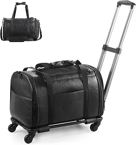 Lasaviin Leather Pet Carrier with Wheels, Airline Approved Travel Bag for Small Dogs & Cats Under 15 lbs, Rolling Pet Carrier for Airplane, Camping & Outdoor Black