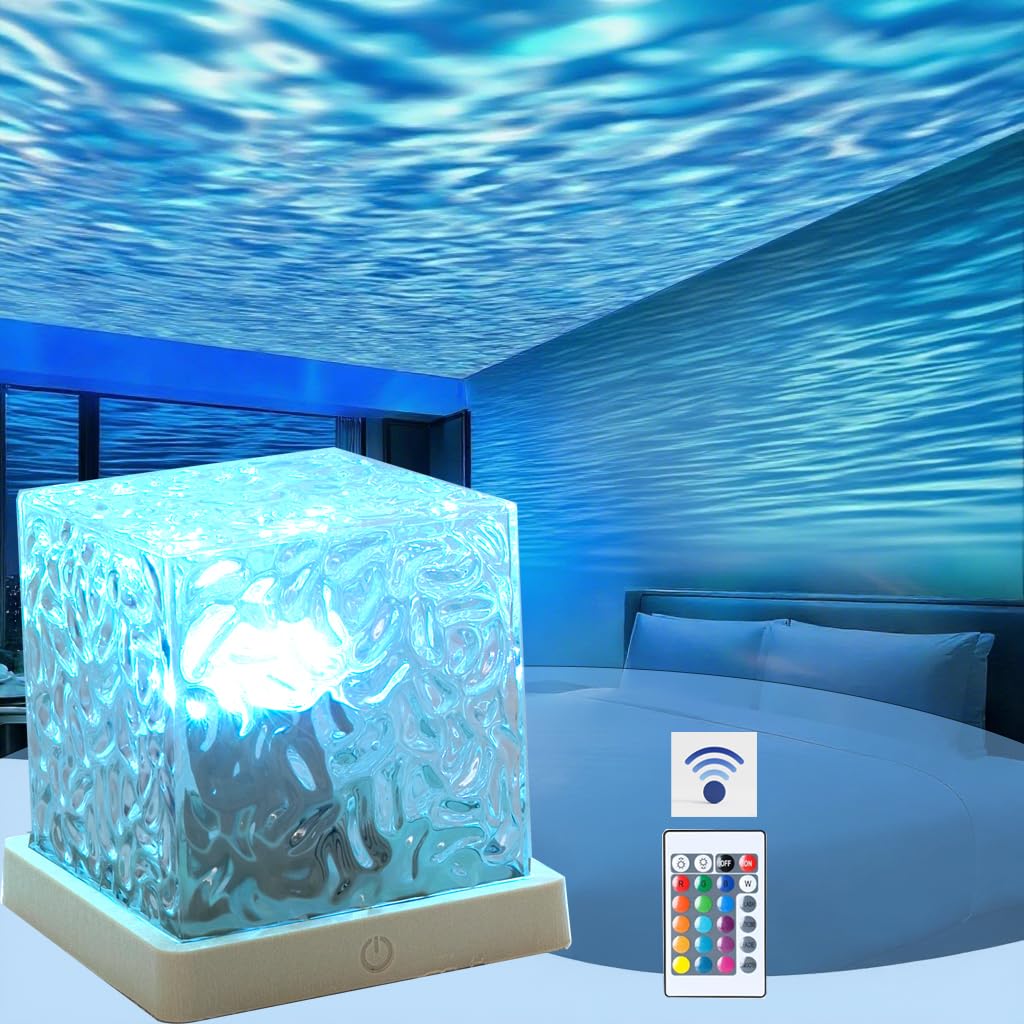 FineLiMoLa Ocean Wave Aurora Projector Lamp, Remote Control Night Light, 16 Colors Rotating