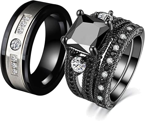 Couple Rings Matching Ring Black 1CT CZ White Gold Plated Women Wedding Ring Sets for Him and Her Rings