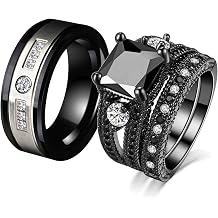 Couple Rings Matching Ring Black 1CT CZ White Gold Plated Women Wedding Ring Sets for Him and Her Rings