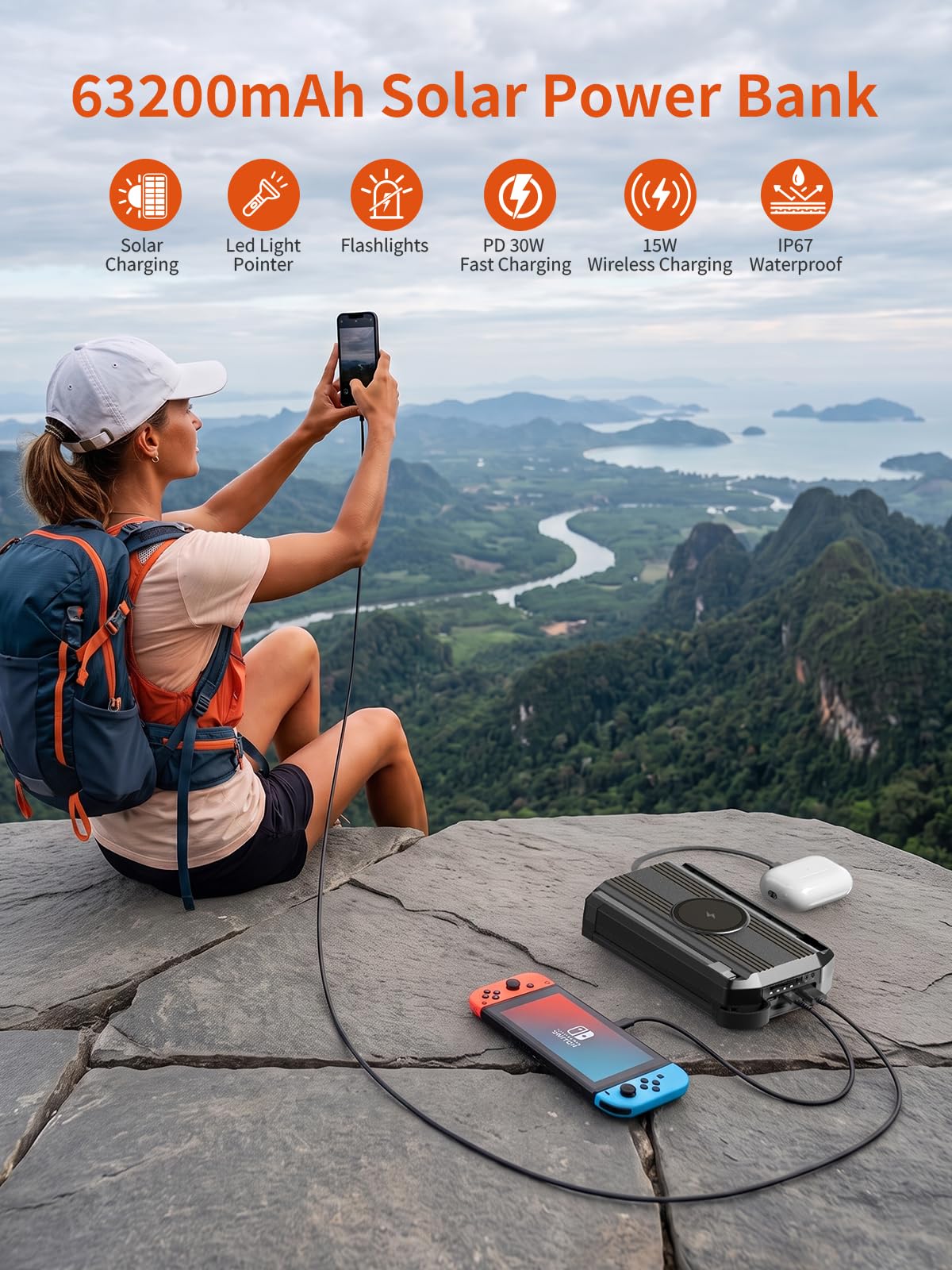 63200mAh Solar Power Bank: 30W PD 3.0 A USB C Powerbank Ricarica Rapida con 2 Cavi, 5 Uscita & 2 Ingresso, 15W Ricarica Wireless, Spie luminose a LED, Torcia, Caricatore Portatile con Smartphones | PD 30W USB C Power Bank con 4 Cavo integrato, 3 Porta, To