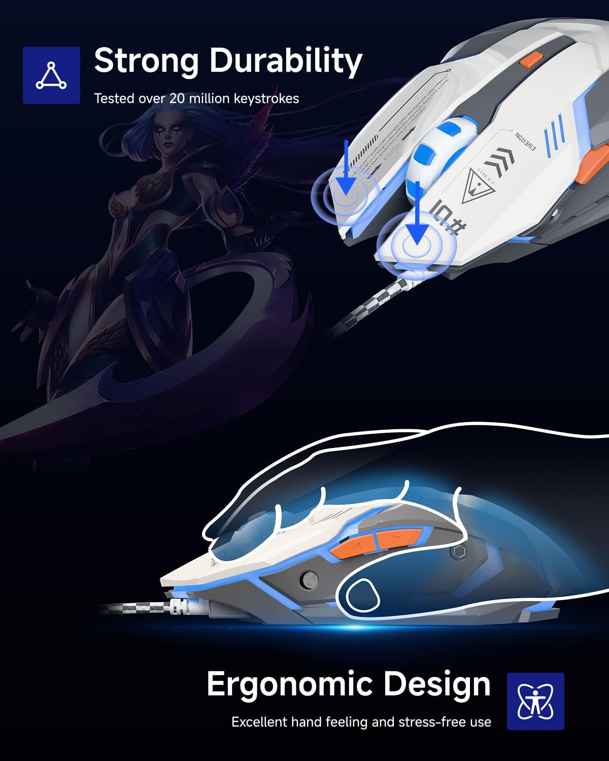 EWEADN G10 Wired Gaming Mouse highlighting its strong durability, tested for over 20 million keystrokes, and ergonomic design.