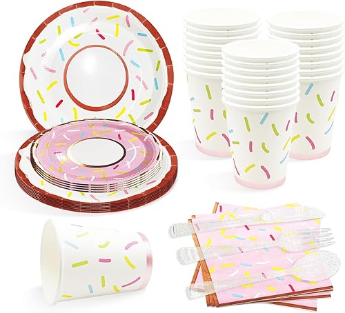 Miniatura 8 de ZULYSTO 175 platos de papel desechables con lunares dorados y donas, tazas, servilletas, cuchillos de plástico dorado, tenedores, cucharas para 25