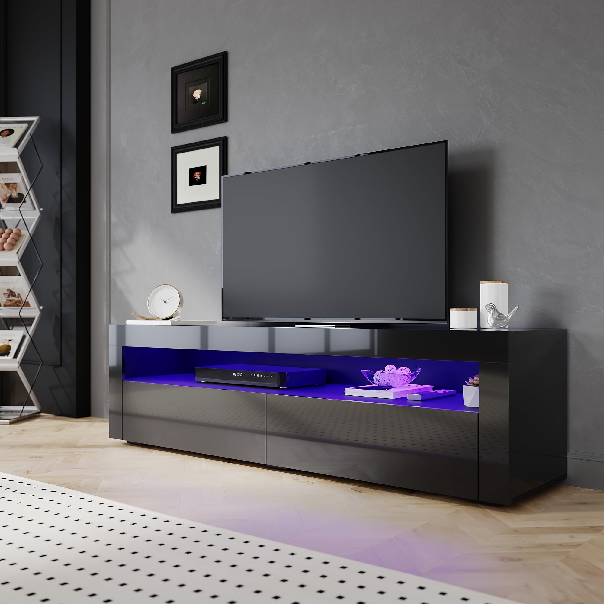 SIRHONA Meuble TV Noir, Meuble Tele avec LED, Éclairage LED RGB avec Couleur réglable, 2 Placards avec Portes, 160x40x45cm, Convient pour Salon ou Chambre