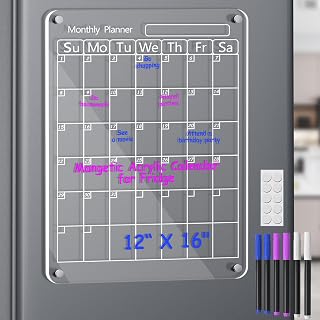 Acrylic Magnetic Calendar for Fridge, 16"x12" Inches Clear Acrylic Magnetic Dry Erase Planning Board of Monthly Calendar for Refrigerator with 6 Colored Markers