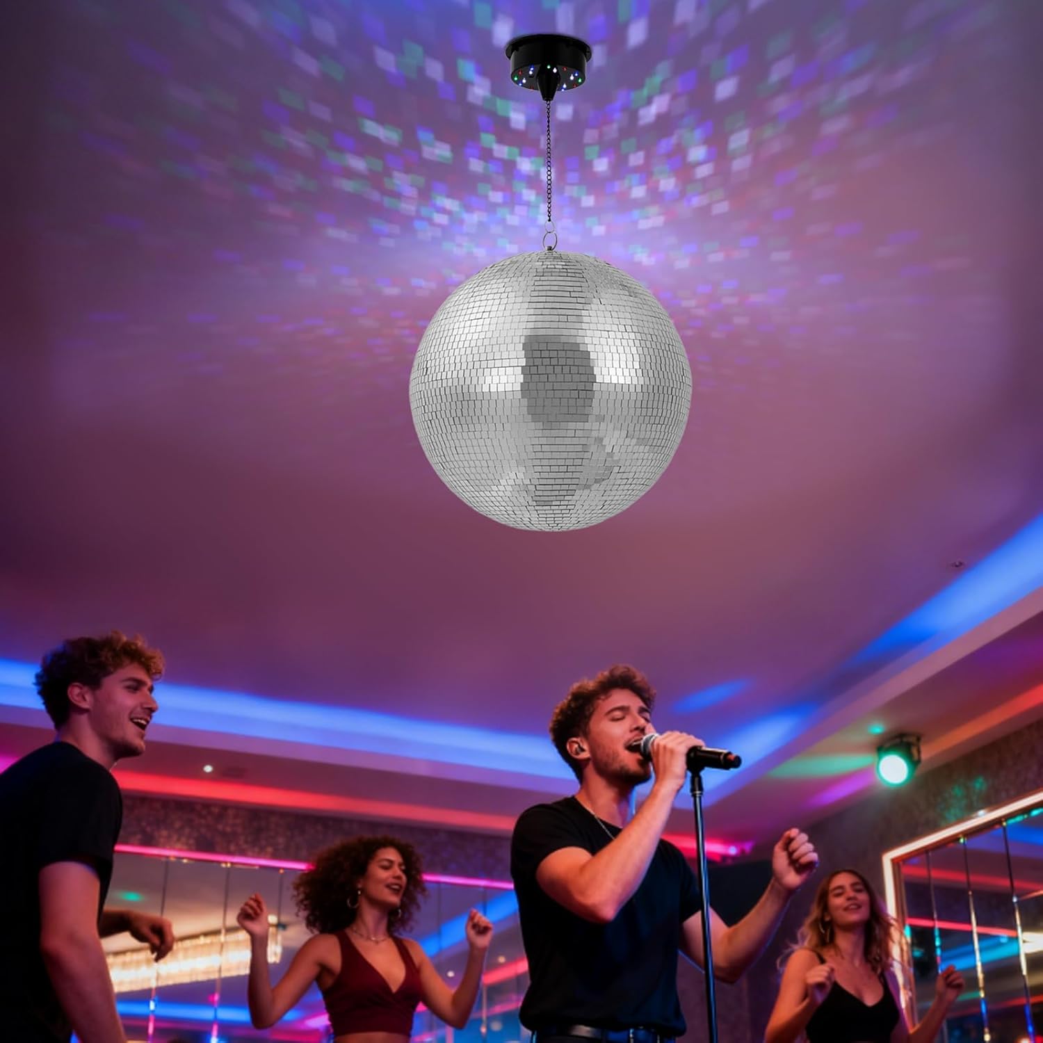 16" Disco Ball with Motor and Light, Large Mirror Ball Voice Control Mode 4 Light Colors and 18 LED Beads Hanging Party Decor for Party DJ Club Bar