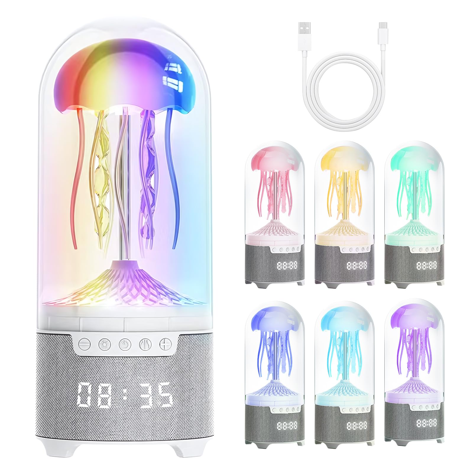 hzuisst Jellyfish Lamp, 5-in-1 Jelly Fish Light Lamp with Bluetooth Speaker, FM Radio, Alarm Clock, White Noice, 7 Change Colours Modes Mood Lamp, USB Rechargeable Sensory Jellyfish Night Light