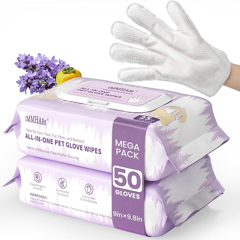 Lenços de Higiene em Formato de Luva para Cães e Gatos IMMHABI com Lavanda, 50 unidades