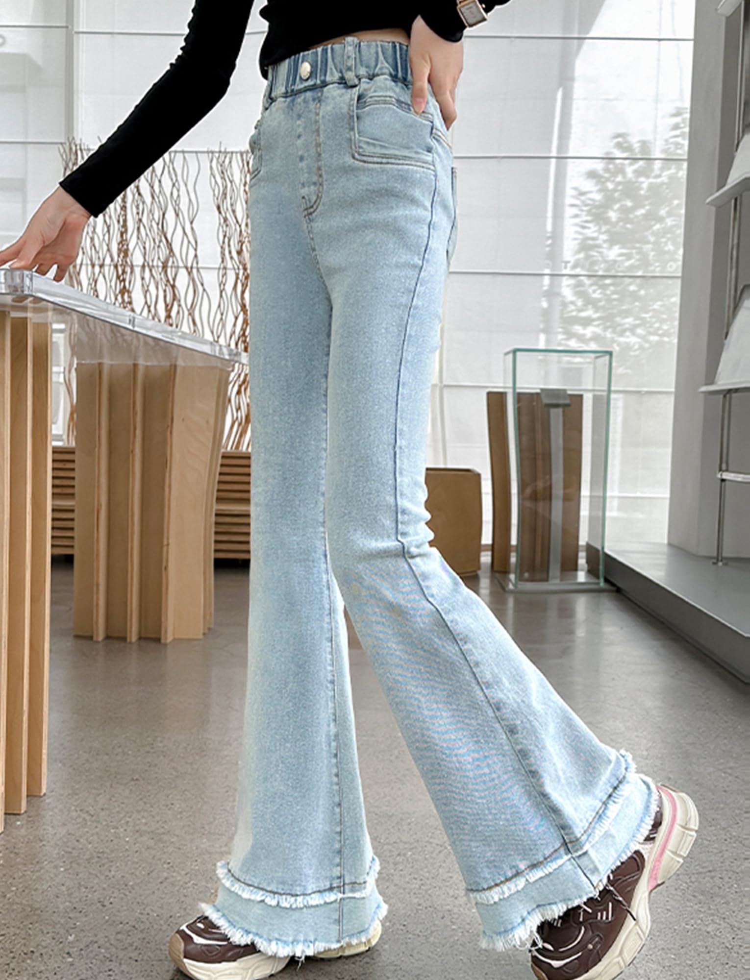 SEAUR Pantalones vaqueros para niña, cintura alta, ajustados, elásticos, con cintura elástica, pantalones acampanados únicos y elegantes, 120 – 170 = (EU 110-164)