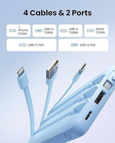 Miniatura 2 de Cargador portátil de 10000 mAh, banco de energía delgado con cables integrados, paquete de batería con 5 salidas, 2 entradas, pantalla LED