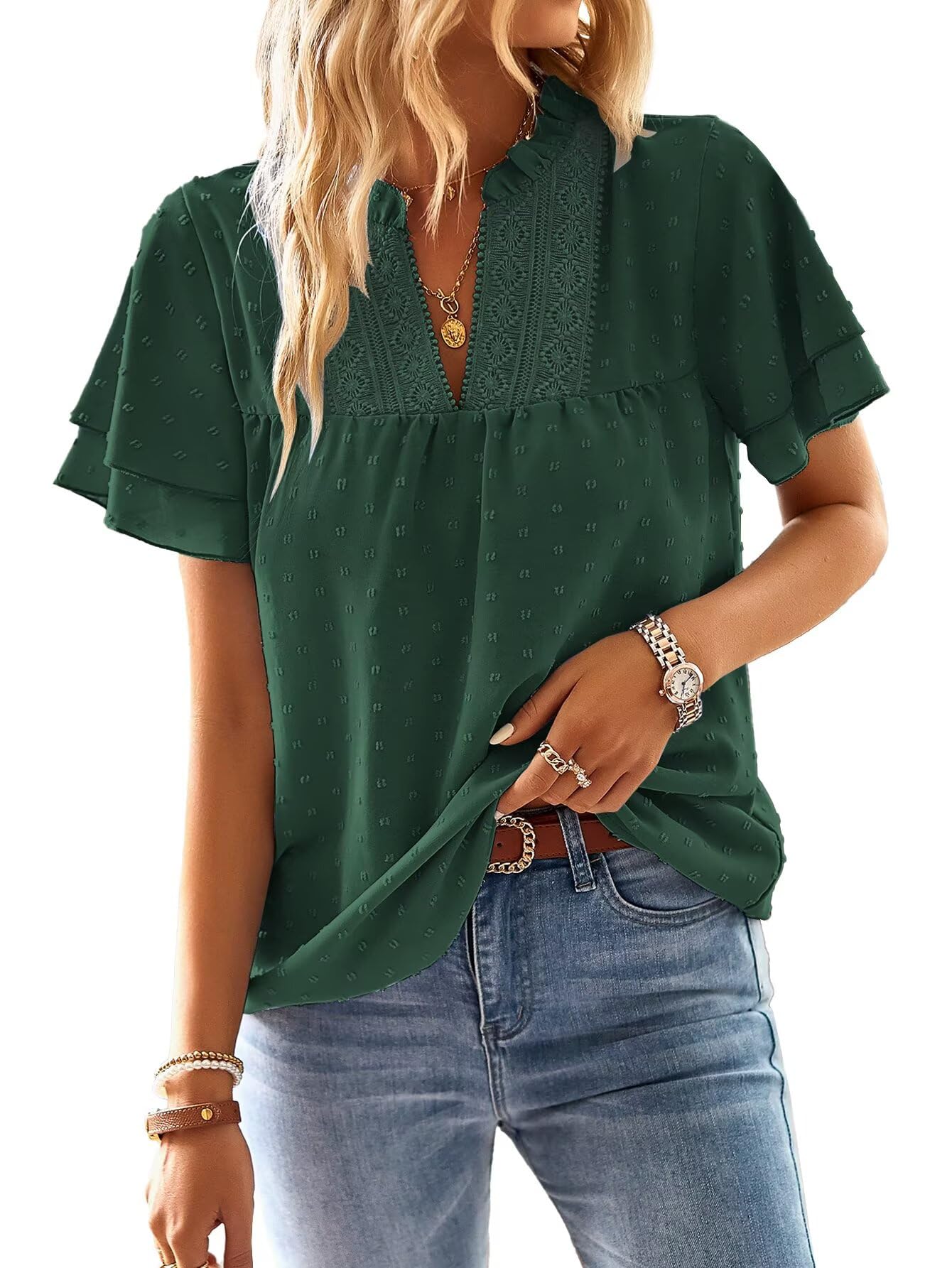 TUUHAW Top Damen Sommer Boho Bluse Kurzarm Oberteile Fließend Elegant V-Ausschnitt T Shirt Lässig Outfits Spitze Kleidung