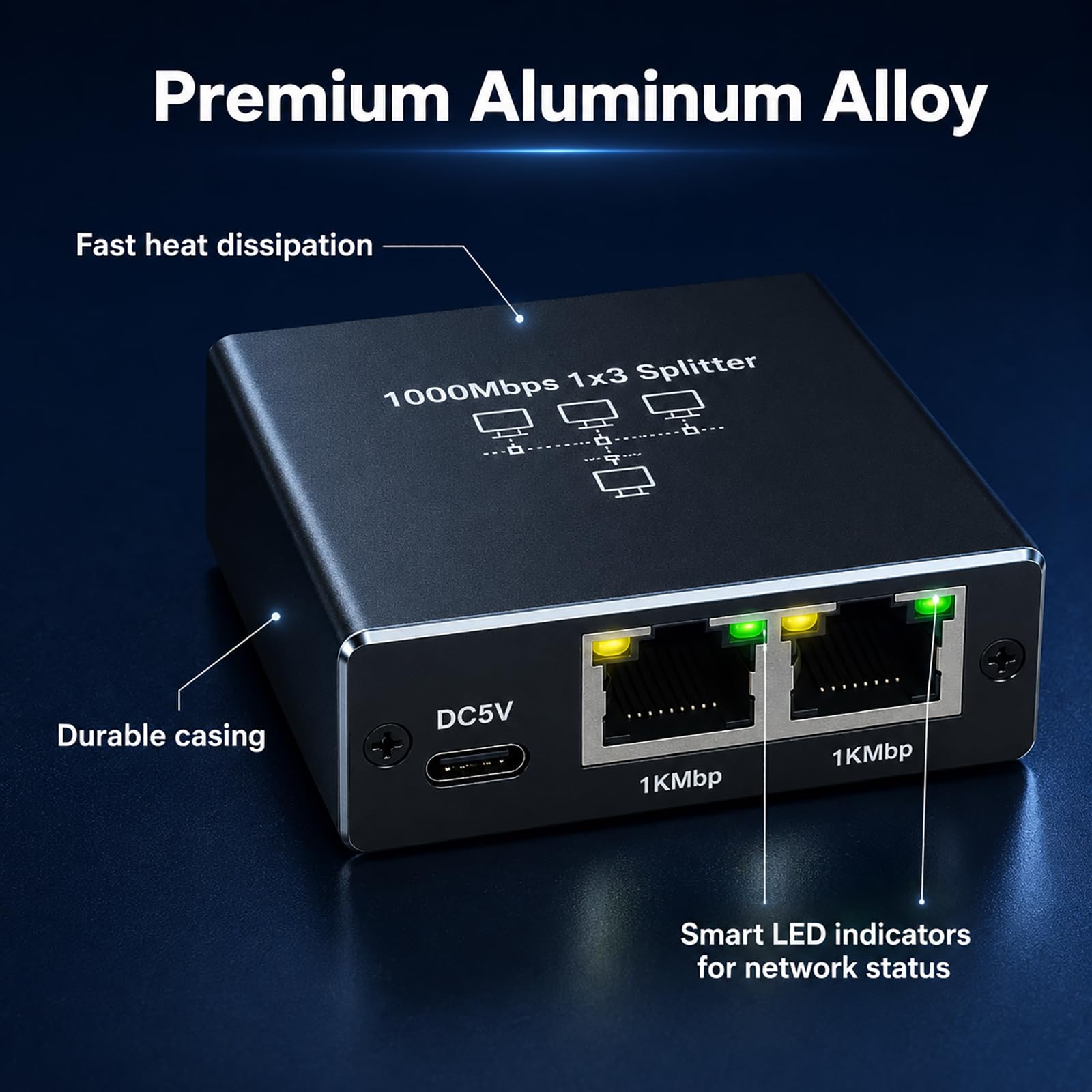 LAN Switch 1 Auf 3, LAN Splitter 1 auf 3 1000Mbps Gigabit Ethernet Verteiler mit Aluminiumgehäuse, RJ45 Splitter USB-C-Stromversorgung Computer, Router, Set-Top Box, Homeoffice, Büro, kompakt tragbar