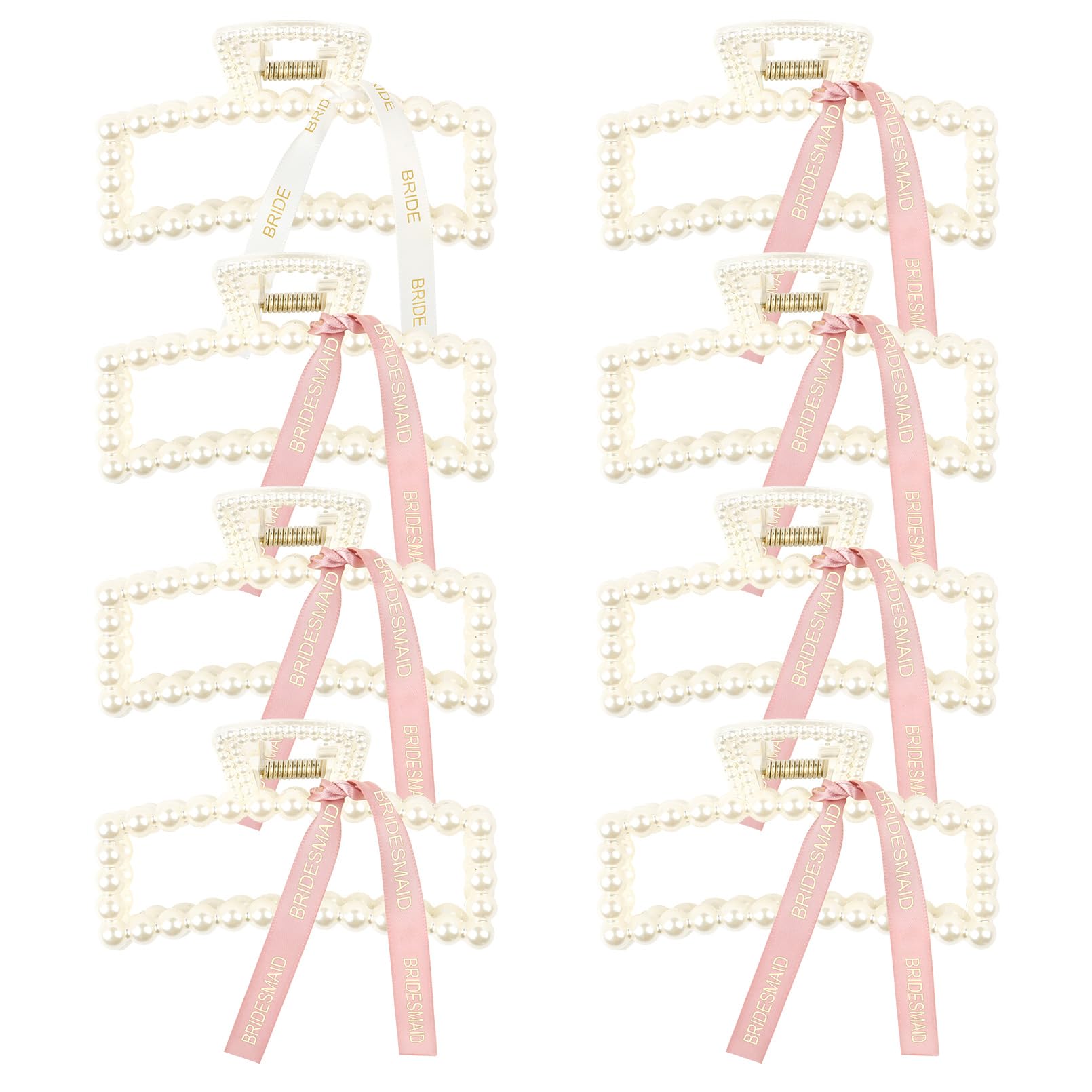 DEEKA Bridesmaid Gifts Set of 8 Bridesmaid Proposal Gift Pearl Bride Hair Clips with Ribbon Large Hair Clips Bachelorette Party Favors Bridal Party Present Gifts (White&Rose Gold)