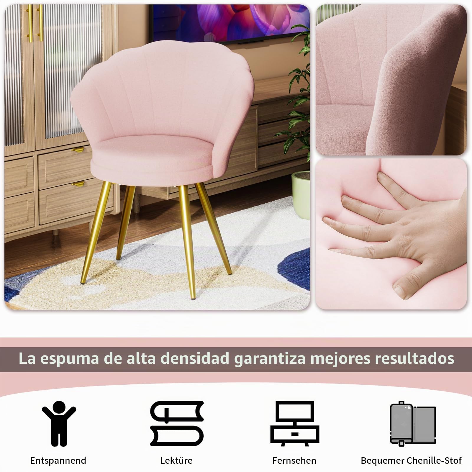 Silla de Terciopelo Rosa con Patas de Metal para Salón, Oficina y Comedor