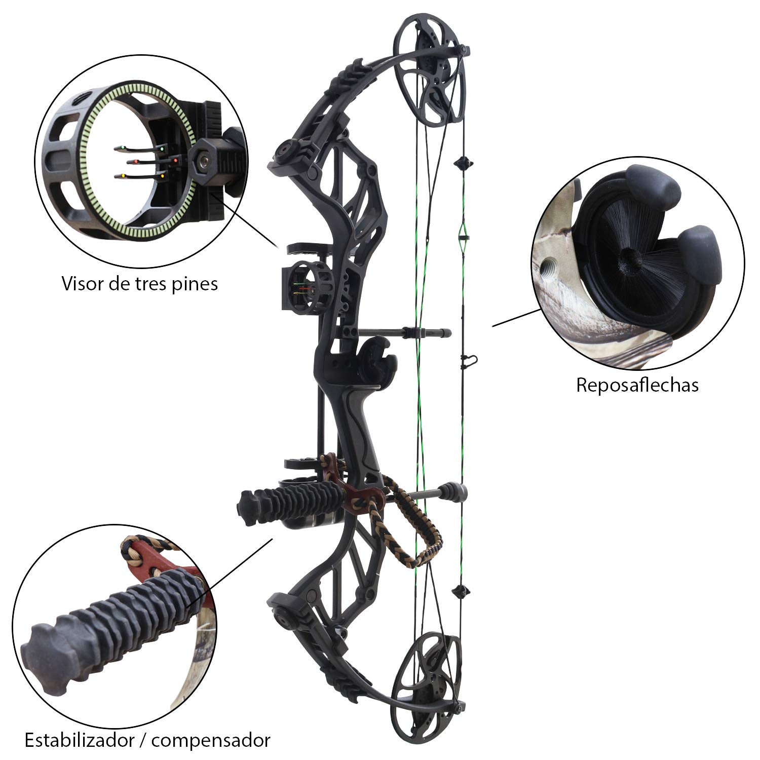 KIT- Arco di caccia di carrucole compound Hellbow Thorns, regolabile da 19-31"/ 30-70 LBS. Arco destro nero con corda verde e nera, ha un mirino a 3 pin, stabilizzatore e supporto per le frecce