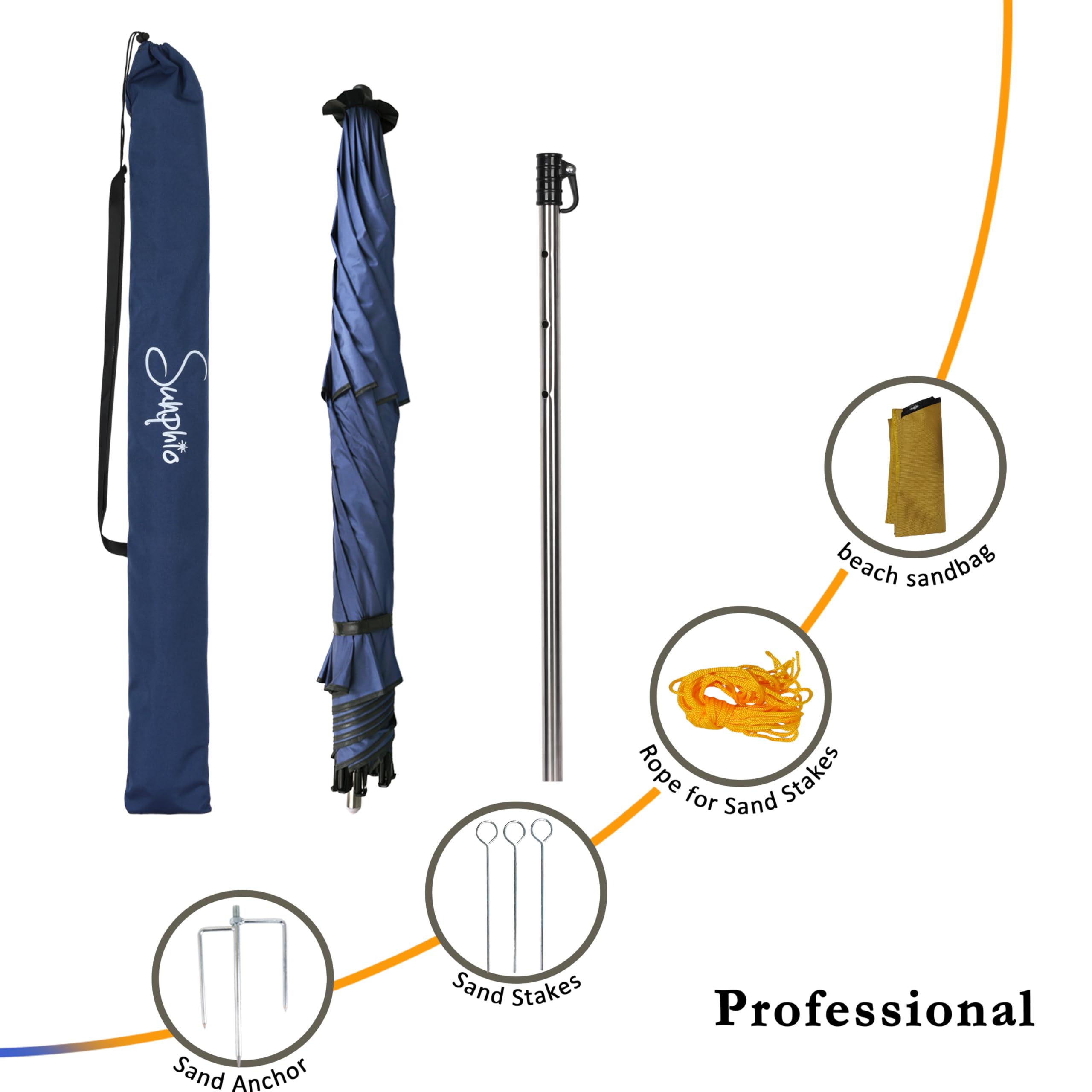 Sunphio Parasol Plage 220 cm, Anti UV Protection 50, Anti Vent, Solide, Inclinable, Compact, Grand Parasol Rond de Plage, Résistant au Vent