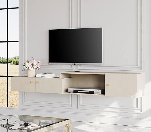 Miniatura 3 de WAMPAT Soporte de TV flotante con estación de carga, centro de entretenimiento montado en la pared con luz azul con almacenamiento, centro de