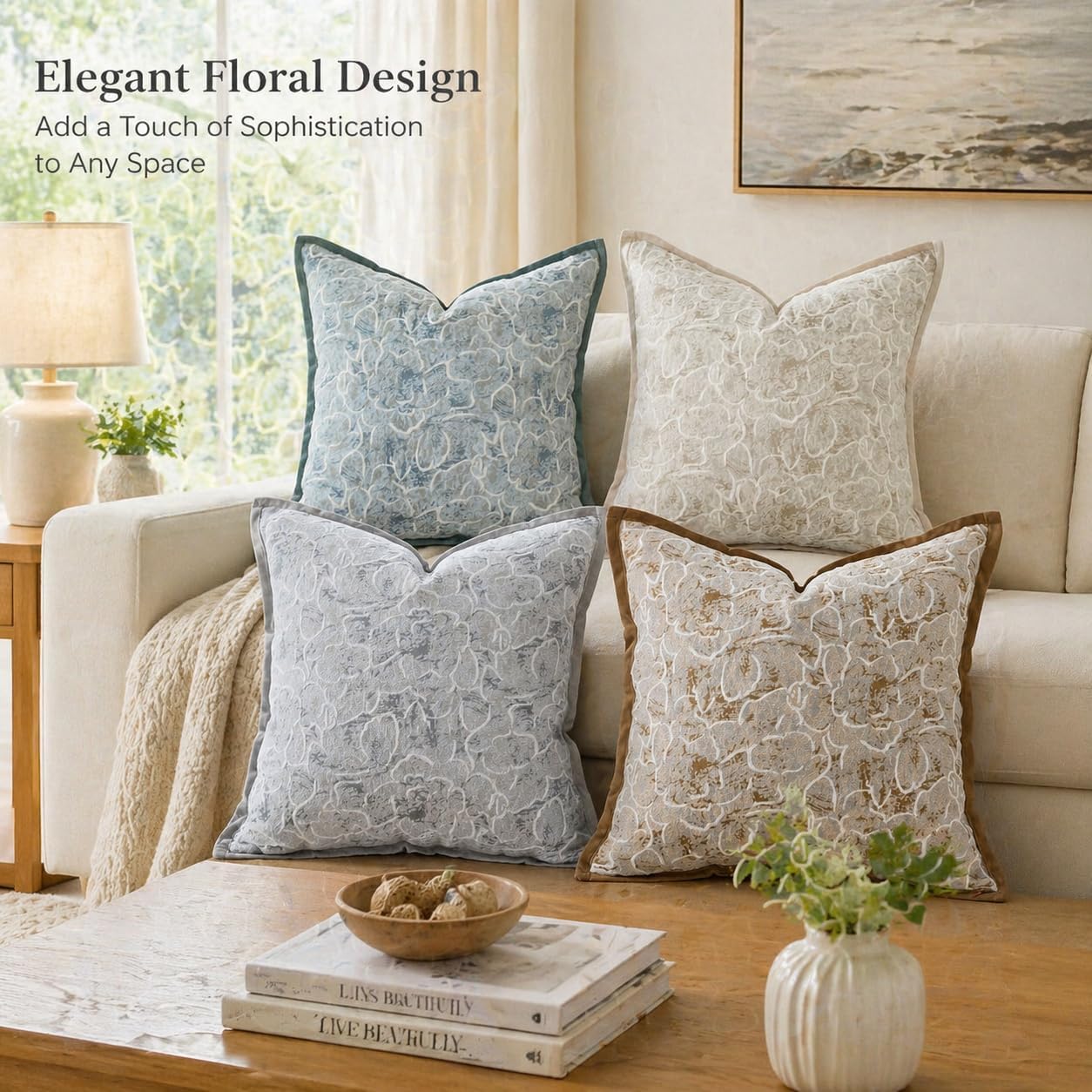 2 Pack Beige Yellow Rose Floral Pillow Covers 18x18 Inches Vintage Chenille Throw Pillow Covers with Single Sided Rose Print Soft Farmhouse Decorative Cushion Covers for Couch Sofa Living Room
