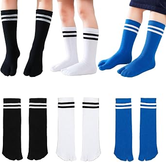 3 Pairs Cotton Two Toe Tabi Split V Socks Athletic Running Long Calf High Striped Dress Socks for Kids Boys Girls 2-12 Years